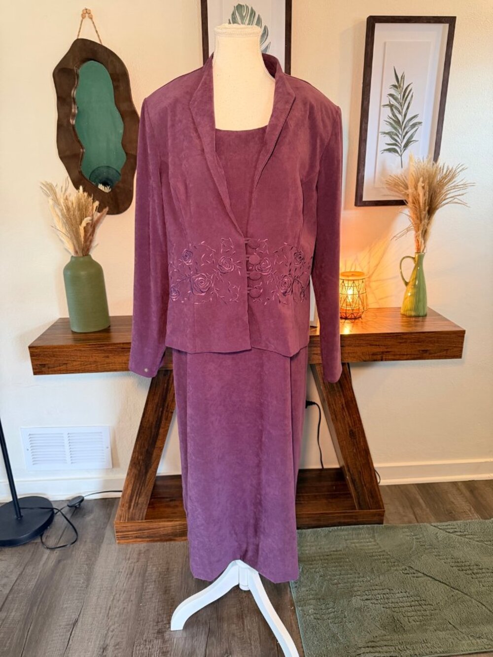 Vintage Purple Dress Set Embroidered Blazer Formal Midi Set Mother Of Bride 16